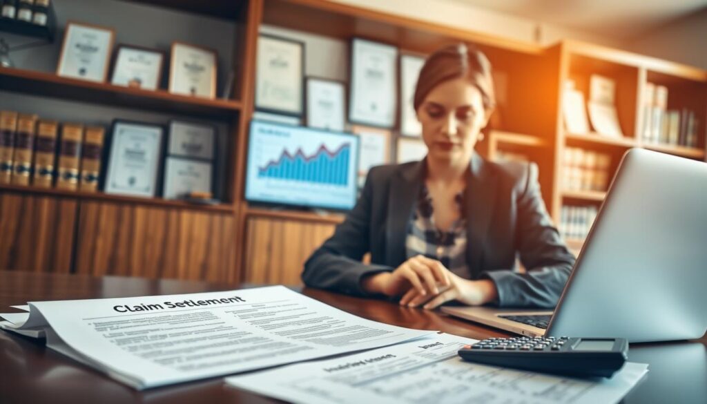 A professional office setting where a person in business attire (a woman in a smart blazer and blouse) is sitting at a large wooden desk, intently reviewing a document titled "Claim Settlement." The foreground features a close-up of the documents with legal jargon and a calculator, indicating calculations related to compensation claims. In the middle ground, a laptop displays a graph showing trends in insurance payouts. The background features shelves filled with legal books and certificates, enhancing the professional atmosphere. The lighting is bright and warm, suggesting a sense of hope and determination. The angle captures the desk from a slightly elevated perspective, focusing on the subject as they contemplate important decisions regarding insurance claims. A professional office setting where a person in business attire (a woman in a smart blazer and blouse) is sitting at a large wooden desk, intently reviewing a document titled "Claim Settlement." The foreground features a close-up of the documents with legal jargon and a calculator, indicating calculations related to compensation claims. In the middle ground, a laptop displays a graph showing trends in insurance payouts. The background features shelves filled with legal books and certificates, enhancing the professional atmosphere. The lighting is bright and warm, suggesting a sense of hope and determination. The angle captures the desk from a slightly elevated perspective, focusing on the subject as they contemplate important decisions regarding insurance claims.