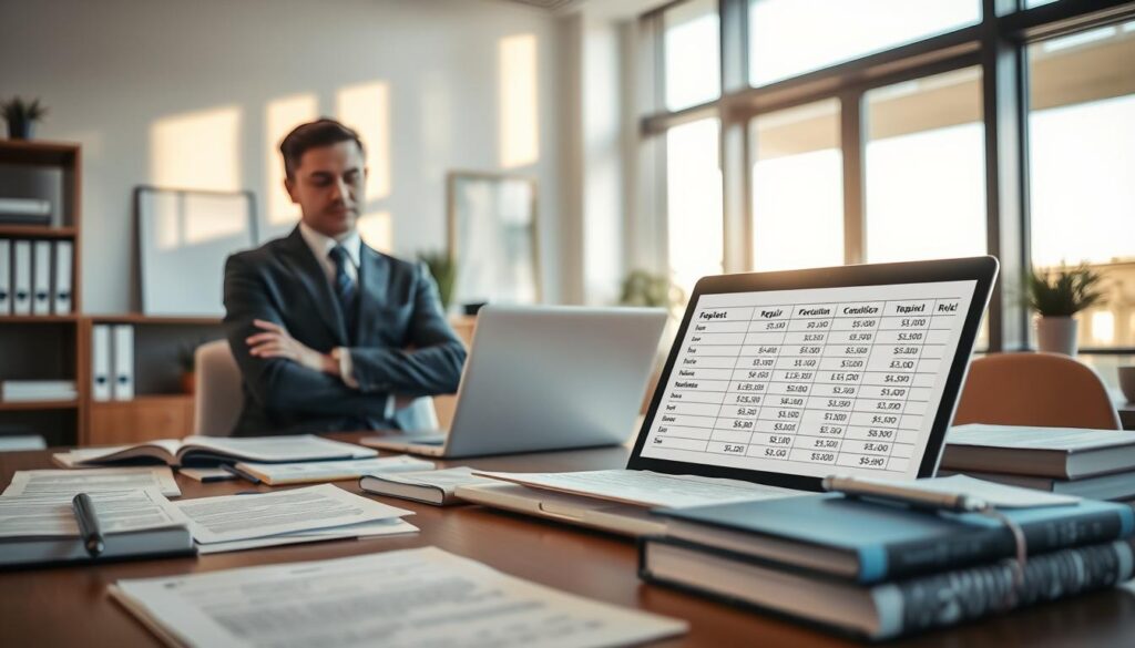 A professional office setting with a modern aesthetic, focusing on a desk cluttered with legal documents and books about consumer rights. In the foreground, a confident individual in business attire reviews a document, examining the details with a thoughtful expression. In the middle, a laptop displays a spreadsheet with calculations related to repair costs, emphasizing clarity and organization. In the background, a large window lets in warm, natural light, casting soft shadows and creating an inviting atmosphere. The scene conveys a sense of diligence, professionalism, and the importance of accurate assessments in consumer protection, with a color palette of soft neutrals and calming blues. A professional office setting with a modern aesthetic, focusing on a desk cluttered with legal documents and books about consumer rights. In the foreground, a confident individual in business attire reviews a document, examining the details with a thoughtful expression. In the middle, a laptop displays a spreadsheet with calculations related to repair costs, emphasizing clarity and organization. In the background, a large window lets in warm, natural light, casting soft shadows and creating an inviting atmosphere. The scene conveys a sense of diligence, professionalism, and the importance of accurate assessments in consumer protection, with a color palette of soft neutrals and calming blues.