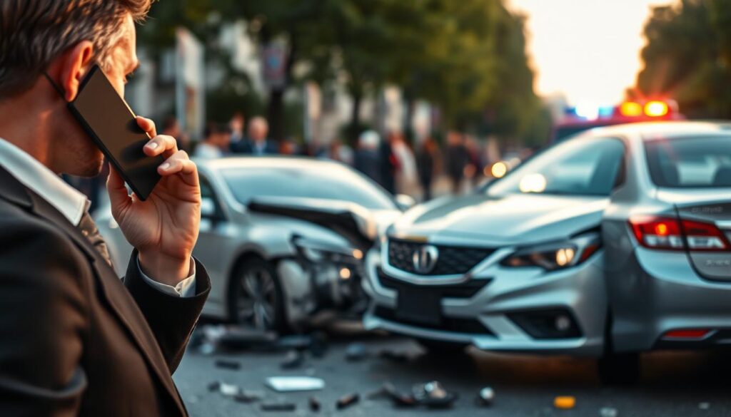 A professional scene depicting a vehicle accident involving two cars on a city street. In the foreground, a concerned witness in professional business attire is on a mobile phone, providing details to the authorities. In the middle ground, the damaged vehicles are parked with visible impact marks and scattered debris, showcasing the aftermath of the collision. In the background, blurred silhouettes of onlookers and an emergency response vehicle with flashing lights create a sense of urgency. The setting is illuminated by late afternoon sunlight filtering through a light overcast sky, casting soft shadows. The mood is tense yet focused, capturing the critical moment of gathering information to establish responsibility in the accident.