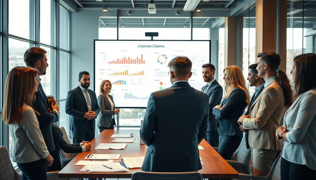 A professional setting illustrating a claims process in the insurance industry. In the foreground, a diverse group of professionals in business attire stands around a conference table, reviewing documents related to a claim. In the middle ground, a large digital screen displays graphs and flowcharts depicting the claims process, while a confident individual points to relevant information. The background features a modern office environment with large windows allowing natural light to flood the room, creating a bright and optimistic atmosphere. The composition is shot from a slightly elevated angle, providing a narrative of teamwork and efficiency. Warm lighting enhances the overall mood, emphasizing professionalism and collaboration.