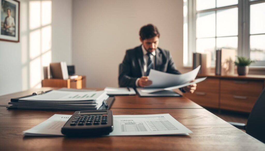 A serene office setting illustrating the concept of "damages alignment." In the foreground, a neatly organized wooden desk features essential documents and a calculator, symbolizing financial evaluation. The middle of the image shows a professional dressed in business attire, deeply focused as they analyze reports, representing the assessment of values. In the background, a large window lets in soft, natural light, casting gentle shadows across the room, enhancing the calm yet serious atmosphere. The color palette consists of warm, neutral tones to evoke a sense of balance and clarity. The overall mood is contemplative and diligent, capturing the essence of restoring order and rectifying damages in a professional context.