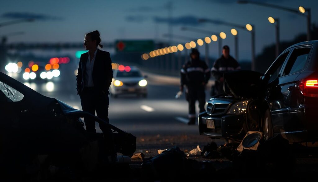 A somber and reflective scene illustrating the impact of alcohol and drugs on safety. In the foreground, a car accident with crumpled vehicles, showing subtle details of broken glass and scattered belongings. A silhouette of a person in professional attire stands nearby, looking distraught. The middle ground features emergency responders assessing the situation, their uniforms crisp against the chaotic backdrop. The background displays a blurred highway, where traffic lights cast an eerie glow in the twilight, enhancing the mood of urgency. The lighting is dramatic, with high contrast shadows to evoke a sense of danger and seriousness. The composition captures a critical moment that suggests a cautionary tale about the consequences of impaired driving.