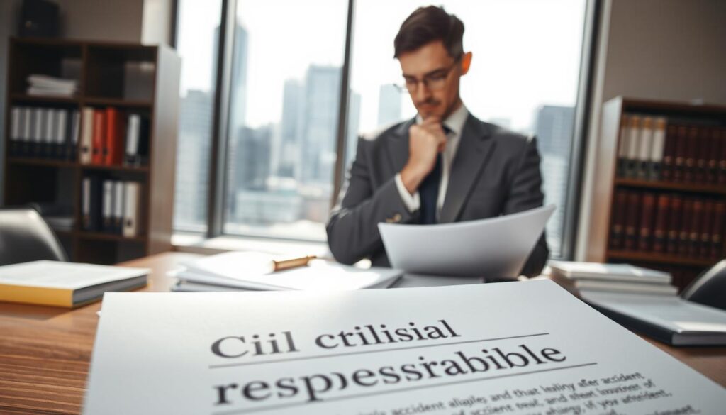 A thoughtful lawyer in professional attire stands confidently in a modern office, reviewing documents related to civil and criminal liability after an accident. In the foreground, a close-up of legal papers, highlighting terms like "liability" and "responsibility." In the middle ground, the lawyer, a middle-aged person with short dark hair, analyzes the case materials with a focused expression, surrounded by books on law and ethics. The background features a large window showcasing a city skyline, bright natural light illuminating the scene, casting subtle shadows across the desk. The atmosphere is serious and contemplative, emphasizing the weight of legal responsibility. The camera angle is slightly elevated, showcasing the depth of the office space.
