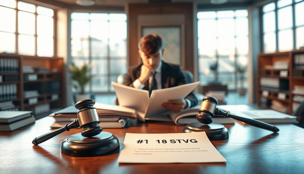 A visually striking, professional illustration representing the essence of § 18 StVG: Odpowiedzialność za szkody in German law. In the foreground, a well-organized law desk with legal books, a gavel, and a document titled "§ 18 StVG" prominently displayed. In the middle, a thoughtful lawyer in a formal suit is analyzing case files, reflecting deep concentration. The background features a serene law office with large windows, allowing natural light to filter in, creating a soft, warm atmosphere. The overall mood is one of diligence and professionalism, capturing the importance of legal responsibility. The scene should be well-lit, using a soft-focus lens to emphasize the subject while maintaining clarity in details without any text or interruptions. A visually striking, professional illustration representing the essence of § 18 StVG: Odpowiedzialność za szkody in German law. In the foreground, a well-organized law desk with legal books, a gavel, and a document titled "§ 18 StVG" prominently displayed. In the middle, a thoughtful lawyer in a formal suit is analyzing case files, reflecting deep concentration. The background features a serene law office with large windows, allowing natural light to filter in, creating a soft, warm atmosphere. The overall mood is one of diligence and professionalism, capturing the importance of legal responsibility. The scene should be well-lit, using a soft-focus lens to emphasize the subject while maintaining clarity in details without any text or interruptions.