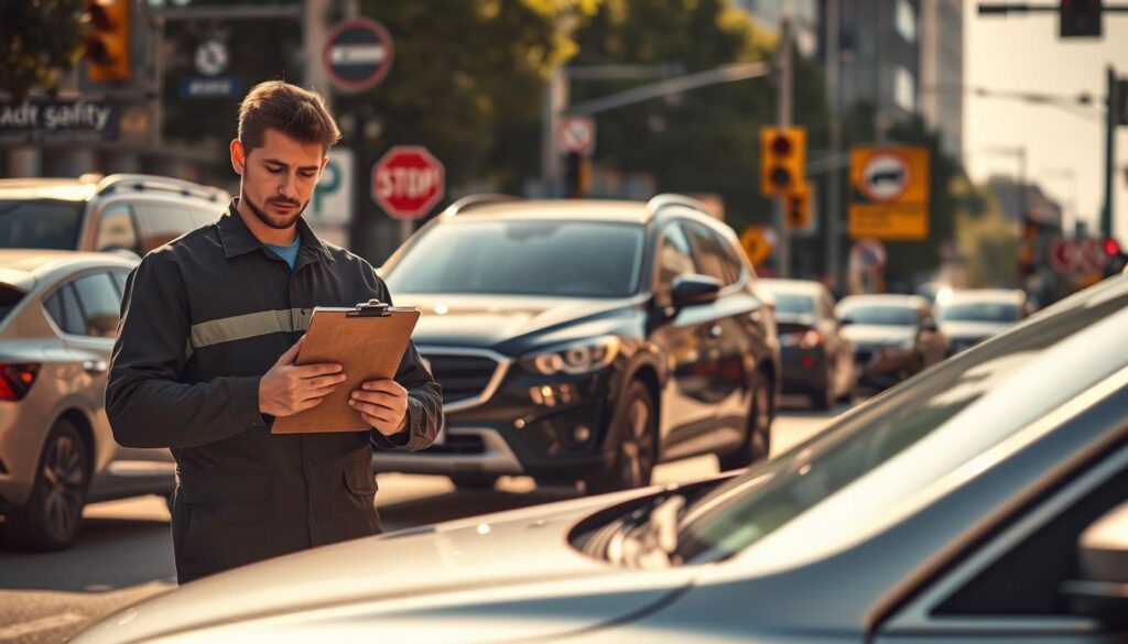 A busy urban street scene focusing on road safety, featuring a young mechanic in professional attire inspecting a modern vehicle, emphasizing the importance of quality repairs. In the foreground, the mechanic is holding a clipboard with a checklist, surrounded by high-quality tools and parts to symbolize reliability. The middle ground showcases a well-maintained vehicle, highlighting its polished exterior and functional components. In the background, traffic signs and signals are clearly visible, promoting road safety awareness. The scene is illuminated by warm, natural sunlight, casting soft shadows while creating an inviting atmosphere. The overall mood should inspire a sense of responsibility and professionalism in vehicle maintenance. Use a shallow depth of field to draw emphasis on the mechanic and the car while keeping the background slightly blurred.