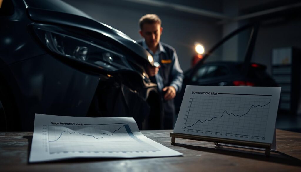 A close-up view of a damaged car, showcasing dents and scratches on the exterior, parked in a dimly lit garage. In the foreground, a chart or document illustrating the depreciation of the vehicle's value rests on a table next to the car. The middle layer highlights a mechanic wearing professional attire, examining the vehicle with a flashlight, his focused expression conveying concern and insight. In the background, soft, ambient lighting casts shadows that enhance the mood of loss and reflection. The overall atmosphere is somber yet analytical, suggesting the seriousness of vehicle depreciation. The composition should emphasize the contrast between the damaged car and the analytical elements to symbolize the impact of an accident on a car's market value. A close-up view of a damaged car, showcasing dents and scratches on the exterior, parked in a dimly lit garage. In the foreground, a chart or document illustrating the depreciation of the vehicle's value rests on a table next to the car. The middle layer highlights a mechanic wearing professional attire, examining the vehicle with a flashlight, his focused expression conveying concern and insight. In the background, soft, ambient lighting casts shadows that enhance the mood of loss and reflection. The overall atmosphere is somber yet analytical, suggesting the seriousness of vehicle depreciation. The composition should emphasize the contrast between the damaged car and the analytical elements to symbolize the impact of an accident on a car's market value.