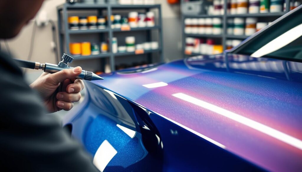 A close-up view of a skilled professional applying a gradient effect to automotive paint, showcasing the art of "shade blending." In the foreground, the artisan uses an airbrush with a fine mist of vibrant colors, creating smooth transitions from darker to lighter hues. The middle ground features a glossy car hood partially painted, exhibiting a stunning contrast between the deep metallic blue and a lighter shade, with the texture of the paint clearly visible. In the background, soft studio lighting highlights the meticulous details while blurred shelves lined with various paint cans add depth. The atmosphere is focused and artistic, with reflections capturing the essence of craftsmanship and technology in automotive aesthetics.