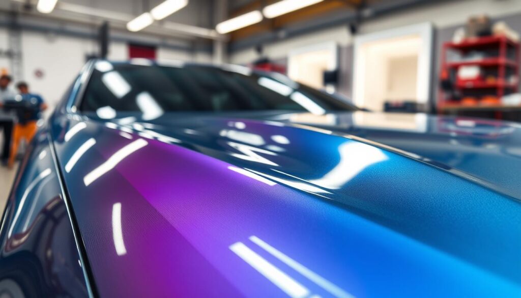 A close-up view of a sleek, modern car with an intricate gradient paint job showcasing advanced automotive paint shading techniques. In the foreground, focus on the glossy surface reflecting subtle light patterns and shadows, highlighting the depth of color and texture. The middle ground features an artist’s tools, such as fine brushes and spray guns, emphasizing the craftsmanship involved in the shading process. In the background, a workshop environment is visible, with soft ambient lighting creating a professional atmosphere. Use a shallow depth of field to keep the car and tools in sharp focus while softly blurring the background. The mood should convey innovation and artistry, representing the future of automotive paint shading.