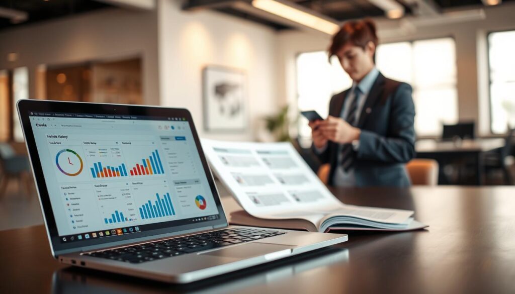 A close-up view of various vehicle history checking tools displayed on a modern desk. In the foreground, a sleek laptop screen shows a detailed vehicle history report with graphs and stats. Beside it, an open folder reveals printed documents of vehicle history checks. In the middle ground, a professional-looking individual in business attire, focused on the laptop, uses a smartphone to cross-reference data. The background features a softly blurred office environment with warm, natural lighting, creating an inviting yet professional atmosphere. A subtle depth of field effect highlights the tools and the history report, emphasizing the importance of thorough vehicle assessments.
