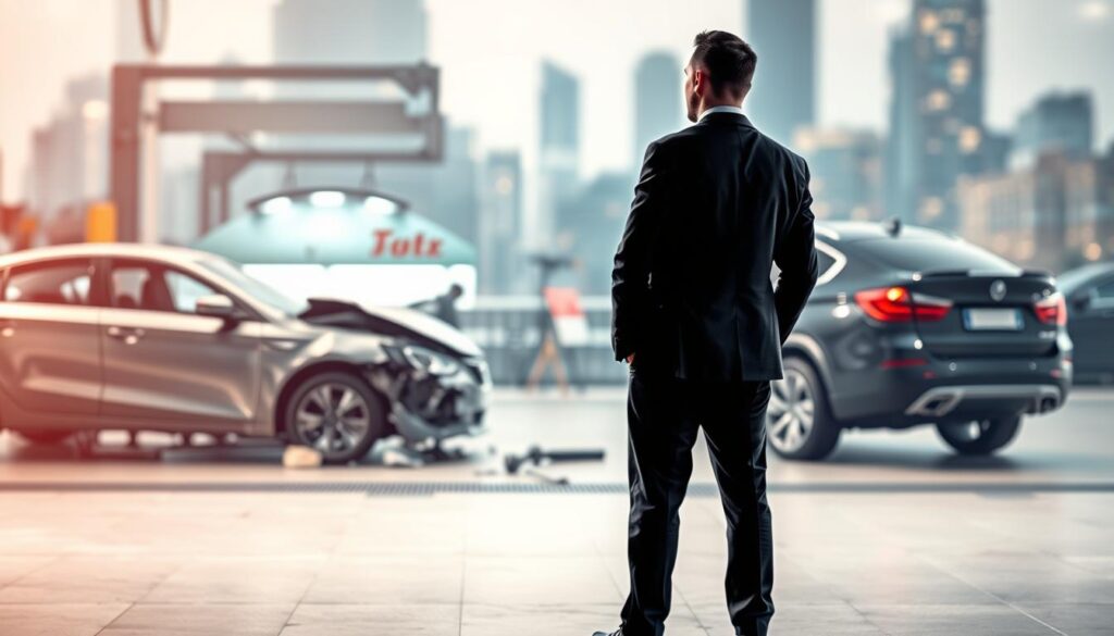 A conceptual illustration depicting the theme of "market value loss as a tangible damage." In the foreground, a businessman in professional attire stands thoughtfully beside a damaged vehicle, symbolizing economic loss. The middle ground features a contrasting bright repair shop with tools and equipment, suggesting an effort to restore value. The background shows a blurred cityscape, representing the broader market context. Utilize soft, diffused lighting to create an atmosphere of contemplation and seriousness, with a slight vignette effect to draw focus to the businessman. The image should evoke a sense of gravity regarding financial implications, highlighting the complexity of market value and repair.