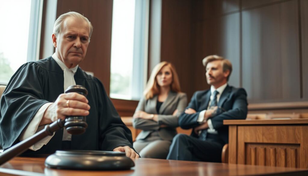 A courtroom scene depicting the concept of compensation in legal proceedings, with a focus on the challenges and benefits of car valuations during a lawsuit. In the foreground, a serious-looking judge in a black robe presides over the session, with a gavel in hand. The middle ground features a male and female lawyer engaged in a heated discussion, both dressed in professional business attire, displaying determination on their faces. The background showcases a large window allowing soft natural light to fill the room, casting shadows on the wooden furnishings. The atmosphere is tense yet focused, capturing the essence of legal battles and the intricacies of car damage assessments. The camera angle is slightly low, emphasizing the authority of the judge and the gravity of the courtroom setting.
