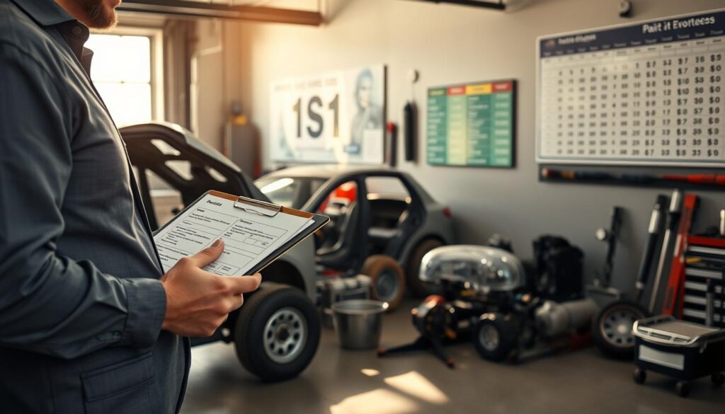 A detailed automotive repair workshop scene, showcasing a technician in professional business attire inspecting a vehicle. In the foreground, focus on the technician holding a clipboard with various repair costs and notes clearly visible. The middle ground features a partially disassembled car, surrounded by various tools and equipment typical for vehicle repairs. In the background, a large wall-mounted chart displays different paint types and costs associated with repair technologies. Soft, natural lighting filters through a garage window, casting a warm glow and highlighting the intricate details of the workshop. The overall atmosphere is one of professionalism and diligence, underscoring the expectations of high-quality service from automotive workshops. A detailed automotive repair workshop scene, showcasing a technician in professional business attire inspecting a vehicle. In the foreground, focus on the technician holding a clipboard with various repair costs and notes clearly visible. The middle ground features a partially disassembled car, surrounded by various tools and equipment typical for vehicle repairs. In the background, a large wall-mounted chart displays different paint types and costs associated with repair technologies. Soft, natural lighting filters through a garage window, casting a warm glow and highlighting the intricate details of the workshop. The overall atmosphere is one of professionalism and diligence, underscoring the expectations of high-quality service from automotive workshops.