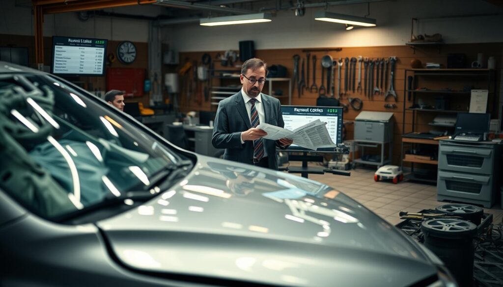 A detailed, realistic scene depicting a car accident aftermath, illustrating the concept of total loss and repair cost analysis. In the foreground, a damaged vehicle with significant body damage, its hood crumpled and windows shattered, showing elements of a thorough inspection. In the middle ground, a professional dressed in business attire is analyzing repair estimates and paperwork on a clipboard, with tools and parts laid out nearby. The background features a collision center with repair bays, tools hanging on walls, and a computer displaying repair cost calculations, illuminated by soft overhead lighting. The atmosphere conveys a serious tone, focusing on the financial implications of vehicle repair versus total loss, emphasizing scrutiny and professionalism in auto evaluation.