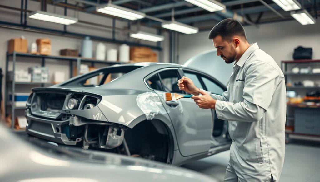 A detailed scene depicting a car repair workshop after an accident, focusing on the process of repainting the damaged vehicle. In the foreground, a professional mechanic wearing a clean uniform is carefully applying paint to the repaired areas of a car, using precise brush strokes. The middle ground features a partially disassembled vehicle, showcasing dents and scratches, emphasizing the need for careful repainting. The background includes shelves with paint supplies and tools, with soft overhead lighting illuminating the workspace, creating a bright and focused atmosphere. The angle of the shot captures the intricacies of the repair process, highlighting the expertise involved in auto body restoration and the importance of quality paintwork. A detailed scene depicting a car repair workshop after an accident, focusing on the process of repainting the damaged vehicle. In the foreground, a professional mechanic wearing a clean uniform is carefully applying paint to the repaired areas of a car, using precise brush strokes. The middle ground features a partially disassembled vehicle, showcasing dents and scratches, emphasizing the need for careful repainting. The background includes shelves with paint supplies and tools, with soft overhead lighting illuminating the workspace, creating a bright and focused atmosphere. The angle of the shot captures the intricacies of the repair process, highlighting the expertise involved in auto body restoration and the importance of quality paintwork.