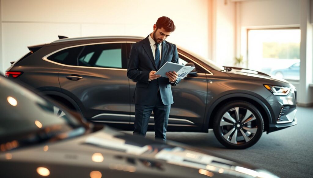 A focused scene depicting a business professional, dressed in a smart suit, analyzing a car's value before damage. In the foreground, a sleek, modern vehicle is parked elegantly, showcasing its pristine condition and unique design features. The middle ground features the professional studying a digital tablet displaying charts and graphs related to vehicle valuation. The background includes an office environment with clean lines and soft lighting, highlighting the serious atmosphere of property assessment. Warm, natural light filters in from a nearby window, creating a calm and professional mood. The image is captured from a slightly angled perspective to give depth and engage the viewer, emphasizing the evaluation process in automotive insurance.