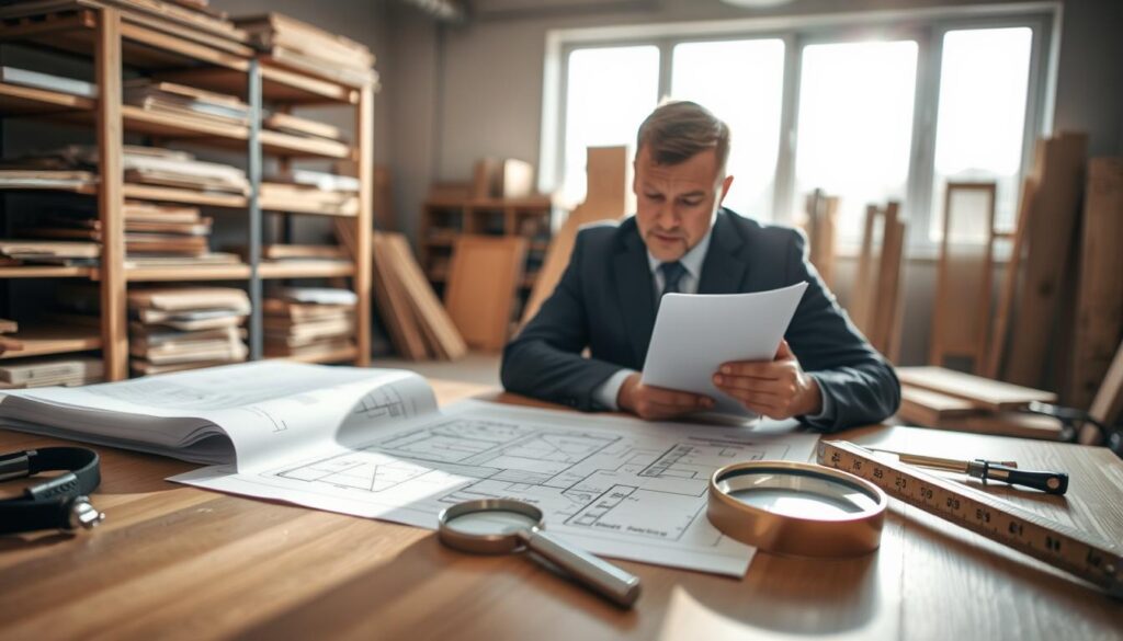 A focused scene depicting a professional evaluation of hidden damages in a well-lit indoor environment. In the foreground, a person in professional business attire is examining documents and a set of blueprints spread across a wooden table, demonstrating careful assessment. In the middle ground, a magnifying glass and various measuring tools hint at meticulous analysis. The background features shelves lined with construction materials and a large window allowing soft natural light to stream in, casting gentle shadows. The overall atmosphere conveys seriousness and diligence, emphasizing the importance of uncovering hidden issues. The color palette is neutral with warm tones, creating an inviting yet professional mood.