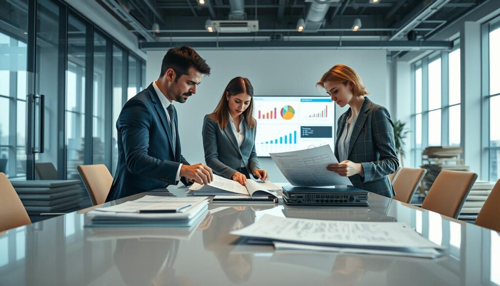 A focused scene depicting professionals engaged in cost estimation verification. In the foreground, two individuals, one male and one female, are examining detailed project documents and spreadsheets on a sleek conference table. They are dressed in formal business attire, reflecting a serious but collaborative environment. The middle ground features a large screen displaying colorful charts and graphs relevant to their analysis, while a few stacks of blueprints and construction materials lie nearby. In the background, a modern office space with floor-to-ceiling windows allows natural light to flood in, creating a bright atmosphere. The mood is intense yet productive, emphasizing the importance of careful scrutiny in project planning. Shot from a slightly elevated angle to capture both the documents and the professionals engaged in discussion. A focused scene depicting professionals engaged in cost estimation verification. In the foreground, two individuals, one male and one female, are examining detailed project documents and spreadsheets on a sleek conference table. They are dressed in formal business attire, reflecting a serious but collaborative environment. The middle ground features a large screen displaying colorful charts and graphs relevant to their analysis, while a few stacks of blueprints and construction materials lie nearby. In the background, a modern office space with floor-to-ceiling windows allows natural light to flood in, creating a bright atmosphere. The mood is intense yet productive, emphasizing the importance of careful scrutiny in project planning. Shot from a slightly elevated angle to capture both the documents and the professionals engaged in discussion.
