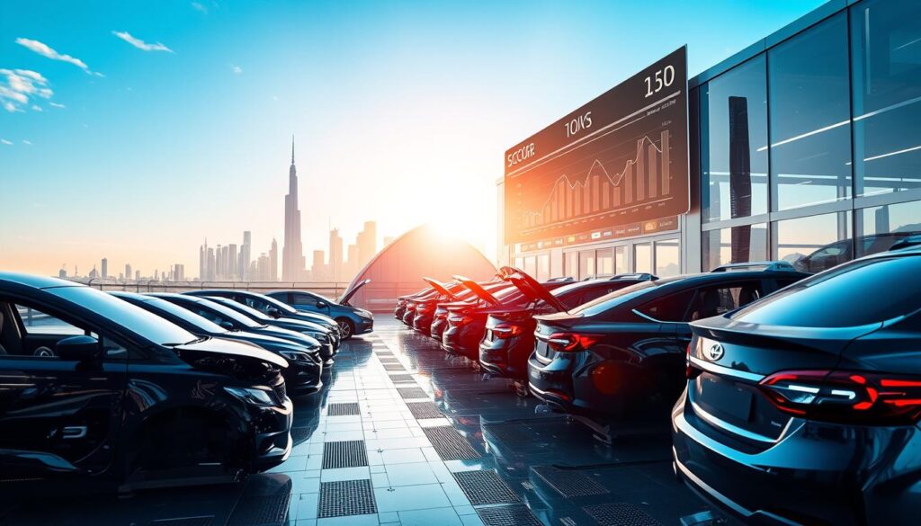 A futuristic scene depicting the vehicle market focused on accident-damaged cars. In the foreground, there are modernized, high-tech workshops with mechanics assessing various vehicles, equipped with advanced diagnostic tools and bright LED lighting. The middle ground shows a digital scoreboard displaying rising market trends and data analytics related to accident vehicles. The background features a sleek, futuristic city skyline under a clear blue sky, symbolizing progress and innovation in the automotive industry. Soft sunlight filters through, creating a hopeful atmosphere, while reflections of vehicles in glass surfaces enhance the dynamic feel. The angle is slightly elevated, capturing both the intricacy of the workshop and the expanse of the city, portraying a scene of growth and forward-thinking in the accident vehicle market.