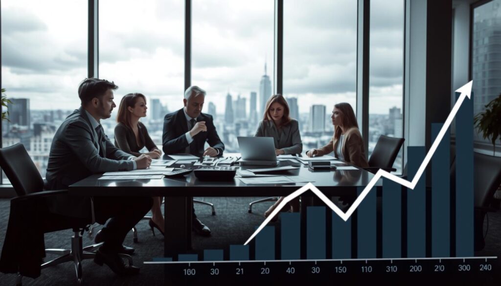 A melancholic business scene illustrating financial loss, with a graph showing declining profits in the foreground, its line sloping downward. In the middle, a group of professionals in business attire, appearing concerned and discussing strategies around a conference table littered with reports and calculators. The background depicts a large office window overlooking a cityscape under a cloudy sky, creating a somber atmosphere. Soft, diffused lighting enhances the mood of uncertainty, while a shallow depth of field focuses on the individuals and the graph, leaving the background slightly blurred. The overall color palette is muted, with shades of grey and blue, emphasizing the theme of financial struggle.