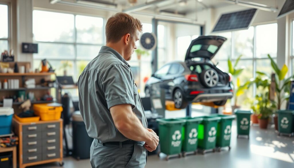 A modern vehicle repair shop highlighting ecological aspects. In the foreground, a technician wearing a clean uniform is inspecting a vehicle on a lift, with attention to eco-friendly practices, such as using biodegradable oils and recycling materials. In the middle ground, various tools and recycling bins are organized neatly. The background features large windows allowing natural light to flood the space, showcasing plants and green technology elements like solar panels. The atmosphere is bright and purposeful, emphasizing sustainability. Use soft lighting from the windows and a slight depth of field to focus on the technician while keeping the environment well-defined, evoking a sense of responsibility towards nature in vehicle maintenance. A modern vehicle repair shop highlighting ecological aspects. In the foreground, a technician wearing a clean uniform is inspecting a vehicle on a lift, with attention to eco-friendly practices, such as using biodegradable oils and recycling materials. In the middle ground, various tools and recycling bins are organized neatly. The background features large windows allowing natural light to flood the space, showcasing plants and green technology elements like solar panels. The atmosphere is bright and purposeful, emphasizing sustainability. Use soft lighting from the windows and a slight depth of field to focus on the technician while keeping the environment well-defined, evoking a sense of responsibility towards nature in vehicle maintenance.