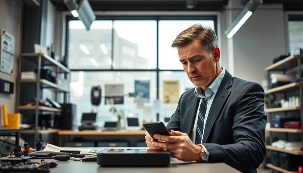 A professional consumer protection scene set in a modern technical service center. In the foreground, a mid-aged technician in a neat business attire examines a smartphone on a workbench, showcasing attention to detail. The technician has a focused expression, indicating expertise and diligence. In the middle ground, shelves lined with various electronic devices, tools, and regulatory posters emphasize the service environment. The background features soft, ambient lighting that conveys a clean and organized workspace, with large windows allowing natural light to filter in. The atmosphere should feel reassuring and professional, highlighting the importance of consumer rights and service regulations. The perspective is slightly angled, capturing both the technician's engagement and the surrounding environment. A professional consumer protection scene set in a modern technical service center. In the foreground, a mid-aged technician in a neat business attire examines a smartphone on a workbench, showcasing attention to detail. The technician has a focused expression, indicating expertise and diligence. In the middle ground, shelves lined with various electronic devices, tools, and regulatory posters emphasize the service environment. The background features soft, ambient lighting that conveys a clean and organized workspace, with large windows allowing natural light to filter in. The atmosphere should feel reassuring and professional, highlighting the importance of consumer rights and service regulations. The perspective is slightly angled, capturing both the technician's engagement and the surrounding environment.