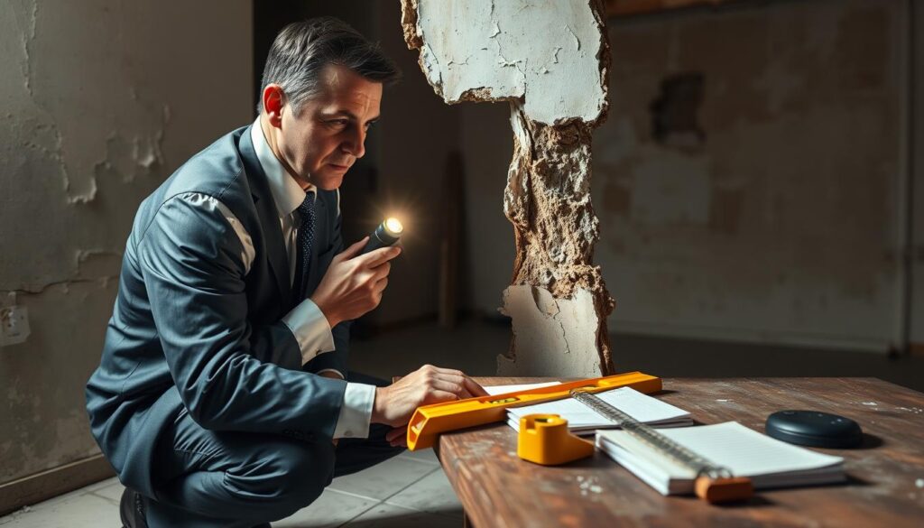 A professional inspection scene depicting a person in business attire examining a structure for hidden damages. In the foreground, the inspector, a middle-aged Caucasian male, is kneeling beside a crumbling wall, using a flashlight to reveal subtle cracks and imperfections. The middle ground features various tools like a level and a notepad for documentation spread out on a workbench, symbolizing the investigative process. The background shows a dimly lit room with peeling paint, highlighting the urgency of uncovering hidden flaws. Warm, focused lighting emphasizes the inspector’s concentrated expression, creating a serious and meticulous atmosphere. The angle is slightly elevated, giving a clear view of the inspector's work while suggesting the importance of thoroughness in detection and documentation.