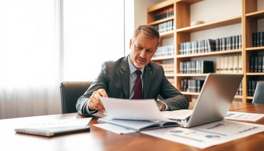 A professional insurance adjuster in a smart business suit is examining documents at a wooden conference table, surrounded by charts and papers related to insurance claims. The adjuster, a middle-aged Caucasian man with short, neat hair, looks focused and analytical, with a notepad and a laptop open in front of him. In the background, there's a large window allowing soft, diffused daylight to illuminate the room, creating a bright and conducive atmosphere for serious discussions. Shelves filled with law books and insurance manuals line the walls, adding to the professional ambiance. The angle captures the adjuster in a three-quarter view, emphasizing his engagement with the task at hand while conveying a sense of professionalism and diligence. A professional insurance adjuster in a smart business suit is examining documents at a wooden conference table, surrounded by charts and papers related to insurance claims. The adjuster, a middle-aged Caucasian man with short, neat hair, looks focused and analytical, with a notepad and a laptop open in front of him. In the background, there's a large window allowing soft, diffused daylight to illuminate the room, creating a bright and conducive atmosphere for serious discussions. Shelves filled with law books and insurance manuals line the walls, adding to the professional ambiance. The angle captures the adjuster in a three-quarter view, emphasizing his engagement with the task at hand while conveying a sense of professionalism and diligence.