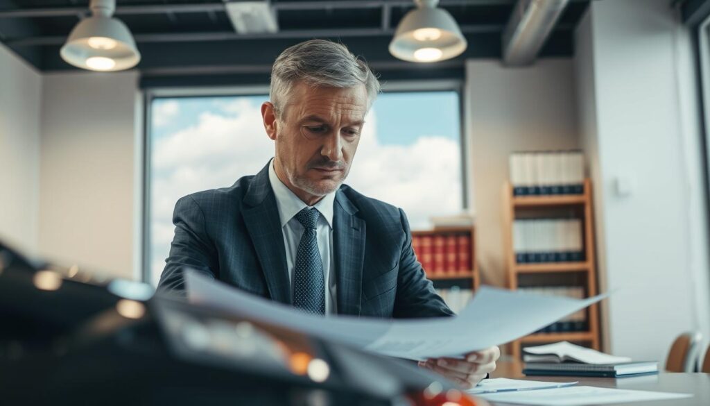 A professional insurance assessor in a well-furnished office, examining a damaged vehicle. In the foreground, a focused middle-aged man dressed in a smart business suit, analyzing paperwork on his desk, showing documents that highlight the concept of depreciation. In the middle ground, a slightly out-of-focus window revealing a cloudy sky, symbolizing uncertainty in value assessment. The background features a bookshelf filled with legal texts and insurance manuals, creating an academic atmosphere. Soft, diffused lighting from the overhead lamps sets a serious and contemplative mood. The composition emphasizes professionalism, illustrating the critical role of assessors in evaluating loss of value while upholding insurance principles. A professional insurance assessor in a well-furnished office, examining a damaged vehicle. In the foreground, a focused middle-aged man dressed in a smart business suit, analyzing paperwork on his desk, showing documents that highlight the concept of depreciation. In the middle ground, a slightly out-of-focus window revealing a cloudy sky, symbolizing uncertainty in value assessment. The background features a bookshelf filled with legal texts and insurance manuals, creating an academic atmosphere. Soft, diffused lighting from the overhead lamps sets a serious and contemplative mood. The composition emphasizes professionalism, illustrating the critical role of assessors in evaluating loss of value while upholding insurance principles.