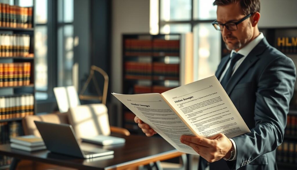 A professional lawyer in a modern office, examining a detailed legal document regarding hidden damages resulting from an accident. In the foreground, the lawyer, dressed in formal business attire, is focused on the document illuminated by natural light streaming through a large window. The middle ground features a stylish desk with law books and a laptop, signifying a workspace dedicated to legal matters. In the background, shelves filled with legal texts create an atmosphere of professionalism and authority. Soft, warm lighting enhances the intellectual mood of the scene, while a slight depth of field gives emphasis to the lawyer and the document, suggesting the critical role of legal expertise in addressing concealed injuries. A professional lawyer in a modern office, examining a detailed legal document regarding hidden damages resulting from an accident. In the foreground, the lawyer, dressed in formal business attire, is focused on the document illuminated by natural light streaming through a large window. The middle ground features a stylish desk with law books and a laptop, signifying a workspace dedicated to legal matters. In the background, shelves filled with legal texts create an atmosphere of professionalism and authority. Soft, warm lighting enhances the intellectual mood of the scene, while a slight depth of field gives emphasis to the lawyer and the document, suggesting the critical role of legal expertise in addressing concealed injuries.