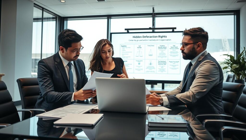 A professional-looking office environment depicting a serious discussion about hidden defects in property or product. In the foreground, a diverse group of three business professionals (two men and one woman) in formal business attire intensely reviewing documents and a laptop on a glass table. The middle features a large screen displaying legal charts and diagrams related to compensation rights. In the background, a modern office with large windows letting in bright, natural light, casting soft shadows. The atmosphere is focused and collaborative, with an air of determination as they seek to understand their rights for claiming compensation. The camera angle is slightly above eye level, providing a clear view of the interactions and details in the scene. A professional-looking office environment depicting a serious discussion about hidden defects in property or product. In the foreground, a diverse group of three business professionals (two men and one woman) in formal business attire intensely reviewing documents and a laptop on a glass table. The middle features a large screen displaying legal charts and diagrams related to compensation rights. In the background, a modern office with large windows letting in bright, natural light, casting soft shadows. The atmosphere is focused and collaborative, with an air of determination as they seek to understand their rights for claiming compensation. The camera angle is slightly above eye level, providing a clear view of the interactions and details in the scene.