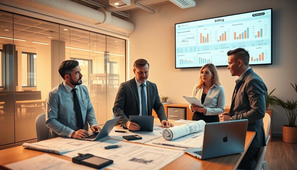 A professional-looking scene depicting a meeting between construction specialists engaged in the process of preparing a detailed billing statement for construction services. In the foreground, a diverse group of two men and one woman in business attire is gathered around a large table covered with blueprints, calculators, and laptops. The middle ground features a large, wall-mounted screen displaying charts and graphs related to construction costs. In the background, a bright office space with large windows allowing natural light to flood in, accentuating the modern office design. The atmosphere is focused and collaborative, with warm lighting to create a productive mood. The camera angle is slightly elevated, capturing the entire workspace while emphasizing the interaction among the specialists.