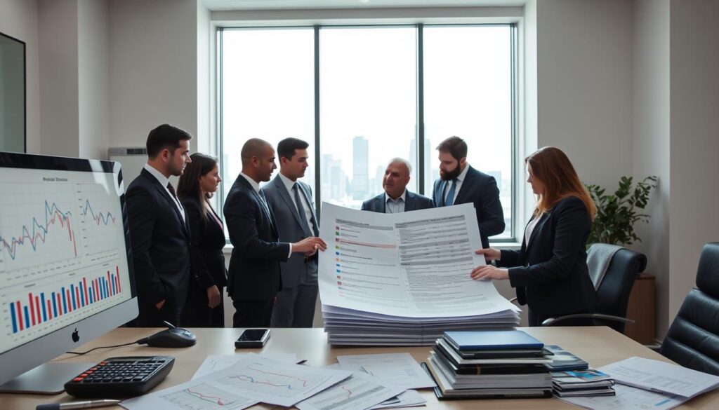 A professional office environment with a focus on valuation analysis. In the foreground, a neatly arranged desk features a computer with financial graphs on the screen, a calculator, and scattered documents. A middle layer shows a team of diverse professionals in business attire, engaged in a discussion over a large valuation report. They are deeply focused, illustrating the intensity of their work. In the background, a window reveals a cityscape under a bright sky, symbolizing opportunity and clarity. The lighting is bright and even, creating an atmosphere of professionalism and diligence. The image captures the essence of teamwork and the complexities involved in determining residual values during total loss scenarios. A professional office environment with a focus on valuation analysis. In the foreground, a neatly arranged desk features a computer with financial graphs on the screen, a calculator, and scattered documents. A middle layer shows a team of diverse professionals in business attire, engaged in a discussion over a large valuation report. They are deeply focused, illustrating the intensity of their work. In the background, a window reveals a cityscape under a bright sky, symbolizing opportunity and clarity. The lighting is bright and even, creating an atmosphere of professionalism and diligence. The image captures the essence of teamwork and the complexities involved in determining residual values during total loss scenarios.