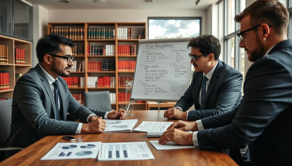 A professional office setting focused on interpreting regulations and assessing credibility. In the foreground, a diverse team of business professionals—two men and a woman—are gathered around a conference table, deeply engaged in discussion. They are dressed in smart business attire, with documents and a laptop open in front of them, highlighting charts and graphs related to financial calculations. In the middle ground, a whiteboard displays key points and ideas about risk assessment and problem resolution. The background shows shelves filled with books on finance and law, and large windows allowing natural light to pour in, creating a bright and positive atmosphere. The overall mood should be collaborative and focused, evoking a sense of urgency and determination to solve complex issues effectively.