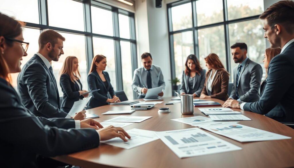 A professional office setting illustrating the "Procedura dochodzenia roszczeń". In the foreground, a diverse group of business professionals, dressed in smart business attire, gather around a modern conference table, reviewing documents and discussing strategies. The middle ground features a detailed view of legal documents, graphs, and contracts spread across the table, representing negotiation and formal procedures. In the background, large windows allow soft natural light to fill the room, creating a warm and focused atmosphere. The scene captures the essence of collaboration and problem-solving in a corporate environment, emphasizing the importance of clear communication and effective claim procedures. The lens angle is slightly elevated, providing a comprehensive view of the engagement between the professionals.