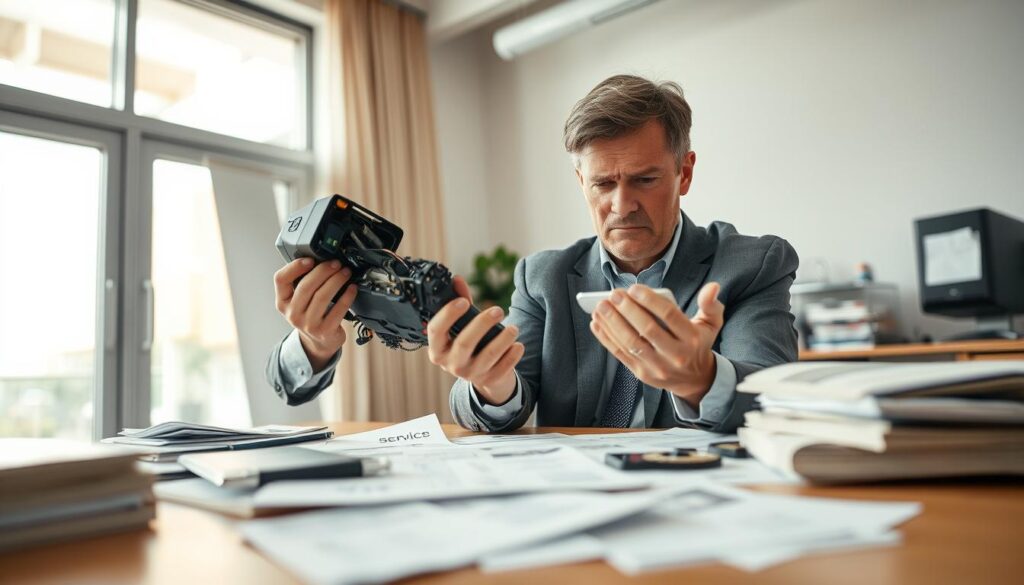 A professional office setting showcasing a concerned consumer in the foreground, examining a malfunctioning product with a frown. The consumer, a middle-aged person in business attire, holds a broken device, symbolizing issues that arise from lack of maintenance. In the middle ground, a table is strewn with service manuals and documents, indicating the importance of regular servicing. The background features a window allowing soft natural light to flood in, creating a balanced, bright atmosphere. The scene conveys a sense of urgency and importance regarding service, with a focus on the challenges consumers face when regular maintenance is neglected. The camera angle is slightly from above, capturing both the consumer's expression and the chaotic work environment. A professional office setting showcasing a concerned consumer in the foreground, examining a malfunctioning product with a frown. The consumer, a middle-aged person in business attire, holds a broken device, symbolizing issues that arise from lack of maintenance. In the middle ground, a table is strewn with service manuals and documents, indicating the importance of regular servicing. The background features a window allowing soft natural light to flood in, creating a balanced, bright atmosphere. The scene conveys a sense of urgency and importance regarding service, with a focus on the challenges consumers face when regular maintenance is neglected. The camera angle is slightly from above, capturing both the consumer's expression and the chaotic work environment.