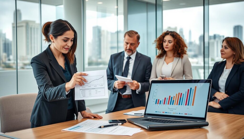 A professional office setting showing a diverse group of individuals engaged in a detailed discussion about the methods of determining the residual value of an asset after total loss. In the foreground, a businesswoman in a smart suit is pointing at a chart on a laptop screen, displaying financial graphs and calculations. In the middle, a businessman in formal attire is taking notes, while a woman in casual but professional clothing observes thoughtfully. The background features a glass-walled conference room with a city skyline visible through the window, symbolizing the financial implications of their work. Soft, natural lighting filters in, creating a focused yet collaborative atmosphere, suggesting seriousness combined with analytical rigor. A professional office setting showing a diverse group of individuals engaged in a detailed discussion about the methods of determining the residual value of an asset after total loss. In the foreground, a businesswoman in a smart suit is pointing at a chart on a laptop screen, displaying financial graphs and calculations. In the middle, a businessman in formal attire is taking notes, while a woman in casual but professional clothing observes thoughtfully. The background features a glass-walled conference room with a city skyline visible through the window, symbolizing the financial implications of their work. Soft, natural lighting filters in, creating a focused yet collaborative atmosphere, suggesting seriousness combined with analytical rigor.