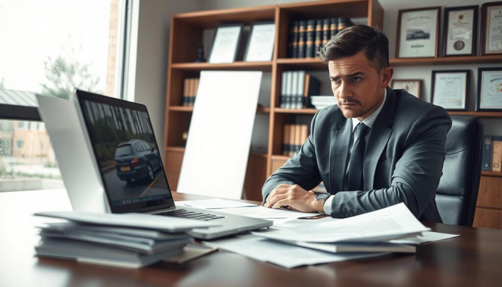 A professional office setting, the foreground features a well-dressed individual with a concerned expression, sitting at a desk covered with paperwork and an open laptop, symbolizing the process of filing an insurance claim. In the middle ground, a large window reveals rainy weather outside, emphasizing a somber mood. Documents are scattered, with an image of a damaged car on the laptop screen, highlighting the impact of an accident. The background includes shelves filled with legal books and framed diplomas, suggesting a knowledgeable environment. Soft, diffused lighting creates an atmosphere of tension and urgency as the person contemplates the next steps in navigating the complexities of claiming compensation after an accident. The angle captures both the desk and the worried individual in a balanced composition. A professional office setting, the foreground features a well-dressed individual with a concerned expression, sitting at a desk covered with paperwork and an open laptop, symbolizing the process of filing an insurance claim. In the middle ground, a large window reveals rainy weather outside, emphasizing a somber mood. Documents are scattered, with an image of a damaged car on the laptop screen, highlighting the impact of an accident. The background includes shelves filled with legal books and framed diplomas, suggesting a knowledgeable environment. Soft, diffused lighting creates an atmosphere of tension and urgency as the person contemplates the next steps in navigating the complexities of claiming compensation after an accident. The angle captures both the desk and the worried individual in a balanced composition.