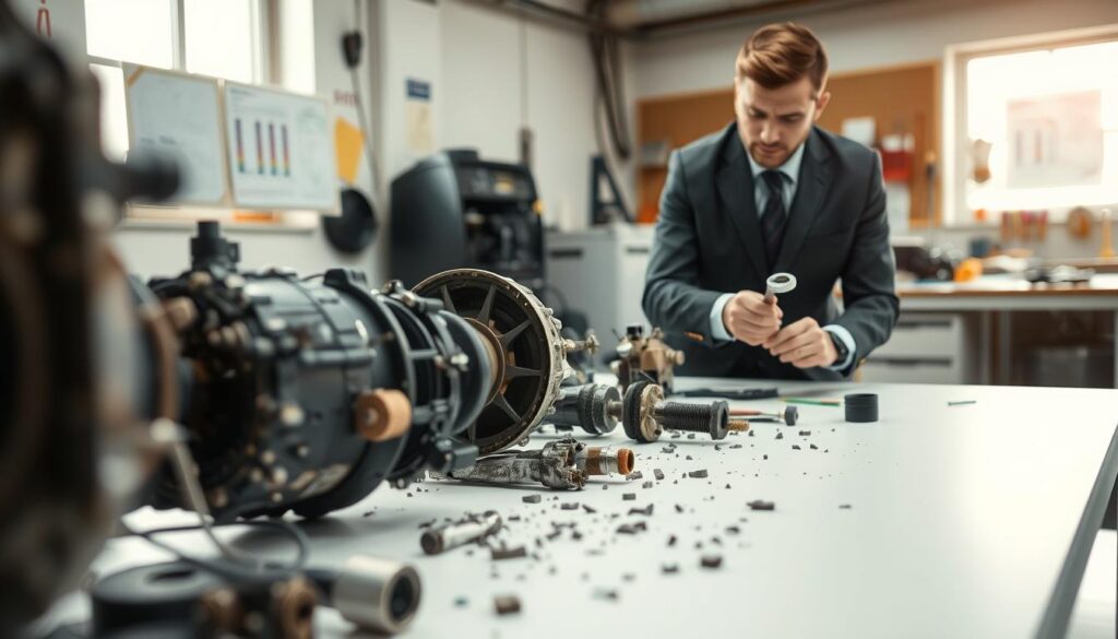 A professional workspace showcasing the process of dismantling machinery, capturing the potential unseen damages involved. In the foreground, a technician in professional business attire examines machinery components with a focused expression, utilizing tools like a wrench and a screwdriver. The middle ground features disassembled parts lying on a clean workbench, highlighting intricate details such as metal fragments and wiring. In the background, a well-organized workshop with technical documentation pinned to a bulletin board, and safety equipment visible, adds depth to the scene. Soft, diffused natural light streams in from a nearby window, creating an atmosphere of careful examination and responsibility, while maintaining a sense of professionalism.