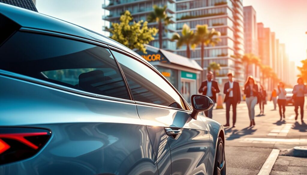 A sleek, modern car parked in a futuristic urban setting, showcasing innovative technology and design. In the foreground, the car's glossy surface reflects the vibrant city lights, highlighting its aerodynamic curves and advanced features like LED headlights and a minimalist digital dashboard visible through tinted windows. The middle ground includes a bustling street with pedestrians in professional attire, engaged with their own smart devices, illustrating the integration of technology in daily life. The background features high-rise buildings adorned with solar panels and greenery, symbolizing a sustainable future. The atmosphere is bright and energetic, with soft sunlight casting dynamic shadows and gentle reflections, creating a sense of optimism and progress in automotive technology.