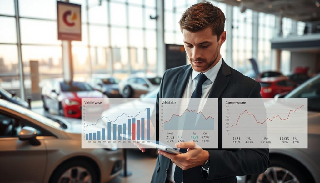 A visually striking analytic scene depicting the relationship between vehicle value and the height of insurance compensation in the context of the automotive market in Germany. In the foreground, a professional individual in smart business attire is analyzing charts and data on a sleek digital tablet. In the middle ground, there are graphs showing vehicle valuation trends and compensation rates, unified with a backdrop of a modern car dealership showcasing various vehicles. The atmosphere is one of focused determination and professionalism, enhanced by soft, natural lighting coming through large windows. A blurred city skyline in the background hints at the bustling automotive market. The angle is slightly elevated, providing a comprehensive view of the interaction between the professional, the data, and the environment, while maintaining a clean and organized composition.