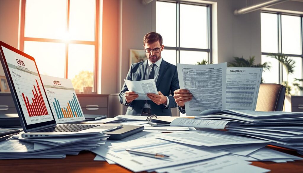 A vivid illustration of a fictitious car accident settlement scenario. In the foreground, an office desk cluttered with paperwork, including forms and spreadsheets detailing damage assessments. A laptop displays graphs with exaggerated numbers, indicating inflated costs. In the middle ground, a professional figure in business attire, a serious expression on their face, examines a document closely. In the background, a modern office environment with large windows allowing natural light to stream in, creating a bright and professional atmosphere. The lighting is warm yet clear, accentuating the focus on the paperwork. The overall mood is one of tension and intrigue, reflecting the complexities of financial dealings in insurance settlements.