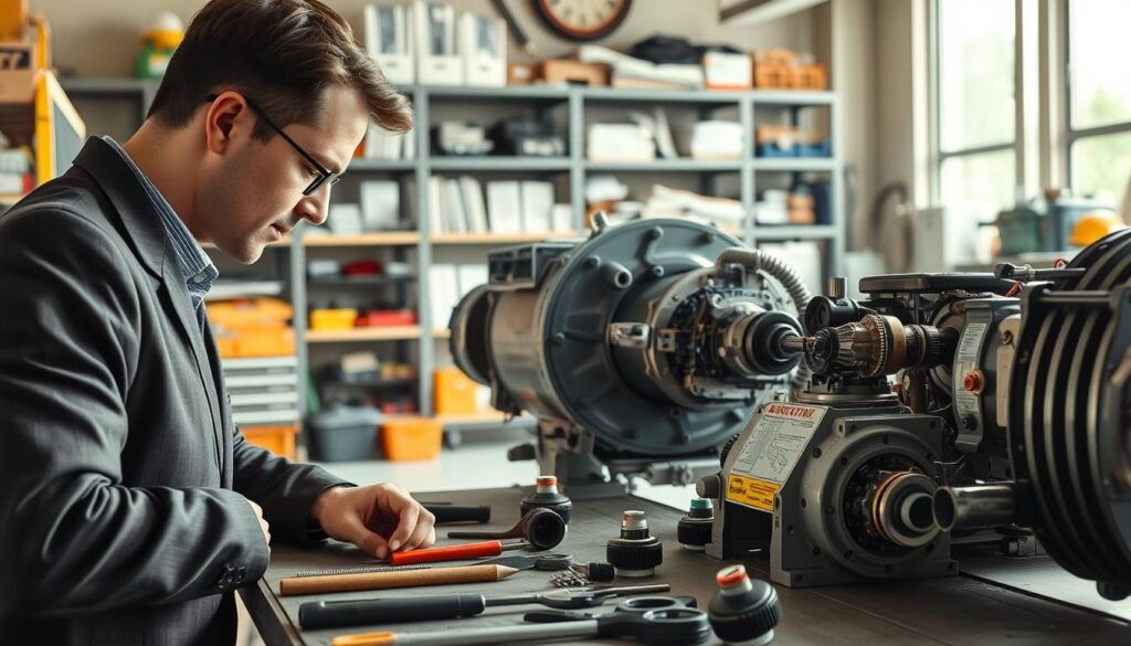 A well-organized, detailed workplace scene depicting the step-by-step disassembly process of an industrial machine. In the foreground, a technician in business attire focuses intently on removing parts, tools neatly laid out beside them. The middle ground shows the partially disassembled machine, various components labeled for clarity, with clear signs of wear and maintenance history. In the background, shelves filled with technical documentation and safety equipment enhance the realistic setting. Soft, natural lighting illuminates the space, casting gentle shadows that emphasize the technician's concentrated expression. The atmosphere is professional and instructive, conveying a sense of diligence and attention to detail essential for proper technical documentation.