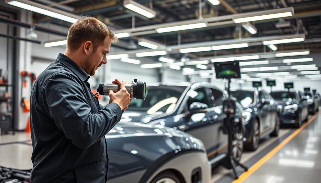 In a modern automotive workshop, focus on the process of ADAS (Advanced Driver Assistance Systems) calibration. In the foreground, a technician in a professional uniform meticulously adjusts a high-tech calibration device on a sleek, contemporary vehicle. The middle layer showcases various tools and diagnostic equipment, illuminated by bright overhead LED lighting, enhancing the clinical atmosphere of the workshop. In the background, multiple vehicles are lined up, each equipped with advanced sensors, creating a sense of organized activity. The lighting is bright and clear, highlighting the precision of the calibration process, conveying the essential nature of these technologies in vehicle safety. The overall mood is focused and professional, emphasizing the importance of this necessary procedure in modern automotive maintenance. In a modern automotive workshop, focus on the process of ADAS (Advanced Driver Assistance Systems) calibration. In the foreground, a technician in a professional uniform meticulously adjusts a high-tech calibration device on a sleek, contemporary vehicle. The middle layer showcases various tools and diagnostic equipment, illuminated by bright overhead LED lighting, enhancing the clinical atmosphere of the workshop. In the background, multiple vehicles are lined up, each equipped with advanced sensors, creating a sense of organized activity. The lighting is bright and clear, highlighting the precision of the calibration process, conveying the essential nature of these technologies in vehicle safety. The overall mood is focused and professional, emphasizing the importance of this necessary procedure in modern automotive maintenance.