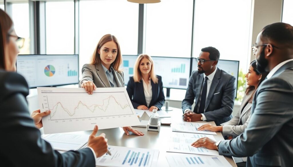 In a modern office setting, a professional team of diverse insurance experts, dressed in smart business attire, is engaged in a focused discussion around a table filled with documents and technical charts related to car insurance liquidation procedures. The foreground highlights a confident woman pointing at a complex graph illustrating the role of technical justification in the decision-making process. In the middle, various charts and computer screens show data visualizations and policy frameworks, while in the background, large windows allow natural light to flood the room, creating a bright and collaborative atmosphere. The mood is serious yet constructive, conveying the importance of effective communication and technical grounding in insurance practices. Use soft-focus with a slight depth of field to emphasize the team’s interaction, while keeping the office environment clear and professional.