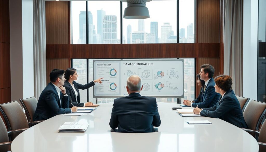 A business meeting setting in an elegant conference room with a large round table at the forefront, where a diverse group of professionals, dressed in smart business attire, are engaged in a thoughtful discussion. In the middle ground, a whiteboard displays charts and diagrams illustrating strategies for damage limitation, with one person pointing at the board and another taking notes. The background shows a large window with city skyline views, allowing natural light to flood the room, enhancing a collaborative atmosphere. The mood is focused yet positive, suggesting proactive solutions to challenges. The camera angle should be slightly elevated, providing a comprehensive view of the scene without clutter, capturing the essence of rational and strategic decision-making.