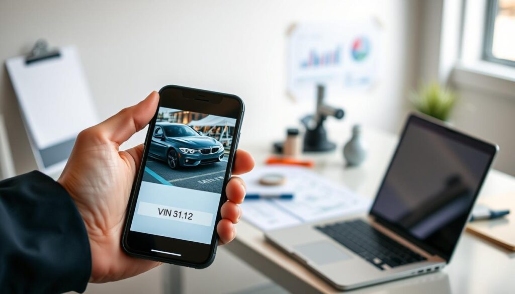 A close-up image of a smartphone displaying detailed photos of a car accident alongside a Vehicle Identification Number (VIN) labeled clearly on the screen. The foreground features the smartphone held by a hand in professional attire, showcasing the clarity of the images. In the middle ground, a clean, modern office environment is presented, with a desk featuring technical documents and a laptop reflecting a sense of automotive expertise. The background shows blurred tools and charts hinting at a technical assessment process. Soft, even lighting illuminates the scene, creating a professional and serious mood, emphasizing precision and attention to detail. The composition should inspire trust and a sense of competence in automotive expertise.
