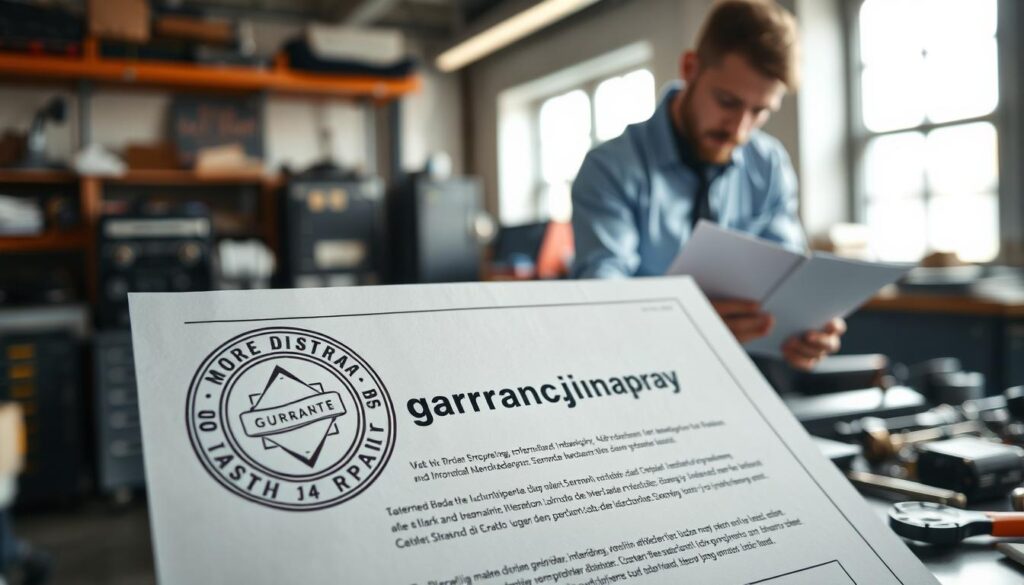 A close-up of a professional-looking “gwarancja naprawy” document, prominently displayed in the foreground, featuring a detailed watermark and an official seal that adds authenticity. The middle ground shows a skilled technician, dressed in business attire, analyzing the document, surrounded by tools indicating a repair setting, such as a wrench and a circuit board. In the background, a soft-focus workshop environment, filled with workbenches and technical equipment, illuminated by natural light streaming through a window, creates a mood of diligence and precision. The angle is slightly tilted to emphasize the technician's focused expression while preserving clarity on the document’s details. The atmosphere is one of professionalism and forward-thinking about repair timelines.