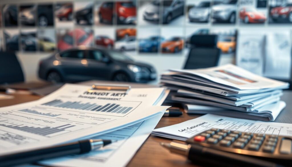 A close-up scene depicting two damage assessment reports elegantly laid out next to a well-organized stack of automotive documentation. The reports should be detailed, showcasing graphs and figures, while the car documents include illustrations and technical data. The foreground captures the texture of the paper and the clutter of pens or a calculator. In the middle ground, a neatly arranged desk setting with soft, ambient lighting highlights the professionalism of the workspace. In the background, an out-of-focus glimpse of an office setting with a blurred wall of car pictures, enhancing the automotive theme. The atmosphere is serious and focused, emphasizing the importance of thorough evaluation in claims processing. The overall lighting should convey a warm yet professional ambiance, suitable for a business environment. A close-up scene depicting two damage assessment reports elegantly laid out next to a well-organized stack of automotive documentation. The reports should be detailed, showcasing graphs and figures, while the car documents include illustrations and technical data. The foreground captures the texture of the paper and the clutter of pens or a calculator. In the middle ground, a neatly arranged desk setting with soft, ambient lighting highlights the professionalism of the workspace. In the background, an out-of-focus glimpse of an office setting with a blurred wall of car pictures, enhancing the automotive theme. The atmosphere is serious and focused, emphasizing the importance of thorough evaluation in claims processing. The overall lighting should convey a warm yet professional ambiance, suitable for a business environment.