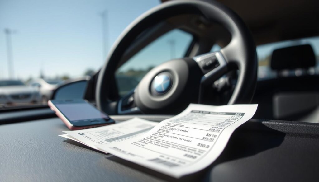 A close-up shot of a parking ticket and receipt on a car dashboard, highlighting the importance of keeping financial records after an accident. In the foreground, the ticket and receipt are in sharp focus, emphasizing their details, with a blurred smartphone beside them displaying an app for expense tracking. The middle ground features a worn steering wheel and partially open car door, suggesting a recent incident. In the background, a parking lot with several parked vehicles and a clear blue sky creates a calm atmosphere. The lighting is soft and natural, evoking a sense of clarity and organization, ideal for illustrating financial documentation. The mood is focused and professional, reflecting the themes of recovery and attention to detail. A close-up shot of a parking ticket and receipt on a car dashboard, highlighting the importance of keeping financial records after an accident. In the foreground, the ticket and receipt are in sharp focus, emphasizing their details, with a blurred smartphone beside them displaying an app for expense tracking. The middle ground features a worn steering wheel and partially open car door, suggesting a recent incident. In the background, a parking lot with several parked vehicles and a clear blue sky creates a calm atmosphere. The lighting is soft and natural, evoking a sense of clarity and organization, ideal for illustrating financial documentation. The mood is focused and professional, reflecting the themes of recovery and attention to detail.