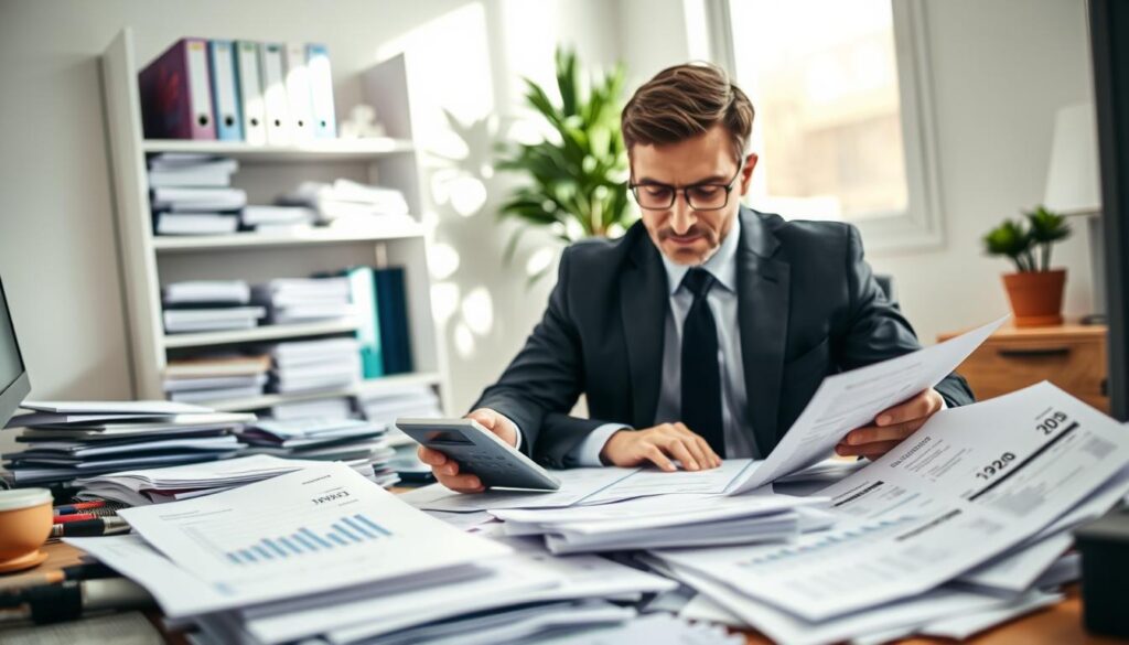 A close-up view of a cluttered desk filled with various tax documentation, including invoices, receipts, and spreadsheets, prominently displaying graphs and calculations. A professional in smart business attire is seated at the desk, focusing intently on reviewing the documents with a calculator in hand. The background features a well-organized shelf lined with tax manuals and a potted plant, creating a balanced, professional workspace. Soft, natural light streams in from a nearby window, casting gentle shadows that enhance the warmth of the atmosphere. The scene conveys a sense of diligence and focus on avoiding common documentation mistakes, reflecting clarity and organization in tax matters while evoking a serious yet approachable mood. A close-up view of a cluttered desk filled with various tax documentation, including invoices, receipts, and spreadsheets, prominently displaying graphs and calculations. A professional in smart business attire is seated at the desk, focusing intently on reviewing the documents with a calculator in hand. The background features a well-organized shelf lined with tax manuals and a potted plant, creating a balanced, professional workspace. Soft, natural light streams in from a nearby window, casting gentle shadows that enhance the warmth of the atmosphere. The scene conveys a sense of diligence and focus on avoiding common documentation mistakes, reflecting clarity and organization in tax matters while evoking a serious yet approachable mood.